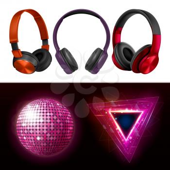 Disco Club Accessories And Headphones Set Vector. Nightclub Disco Sphere, Decoration In Triangle Shape And Earphones For Listening Music. Discotheque Template Realistic 3d Illustrations