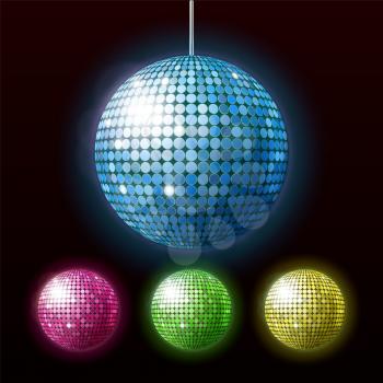 Disco Ball Night Club Dance Party Tool Set Vector. Multicolored Mirror Reflected Sphere Glamor Disco Ball, Nightclub Style Decorative Equipment. Discotheque Decoration Mockup Realistic 3d Illustration