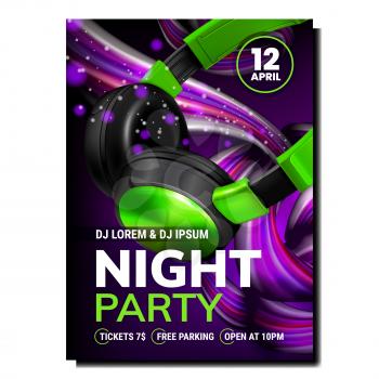 Night club dj poster vector. Dj background banner. Electronic night sound. Digital dance. 3d realistic illustration