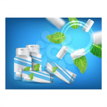 Super Fresh Mint Gum Promotional Banner Vector. Freshness Mint Gum Blank Bottles And Packages, Chewy Candies And Spearmint Leaves On Advertising Poster. Style Concept Template Illustration