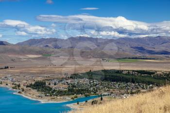 View of the town of Tekapo on the shore of Lake Tekapo