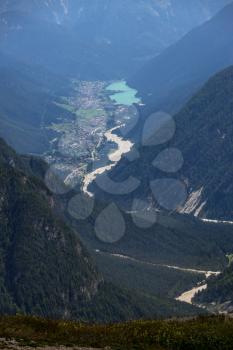 Distant view of Lake Misurina in the Dolomites