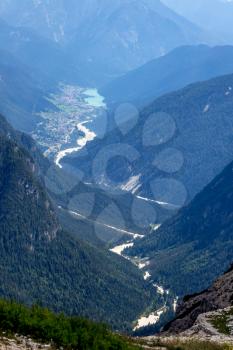 Distant view of Lake Misurina in the Dolomites