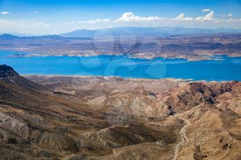 Aerial view of the mountains next to Lake Mead
