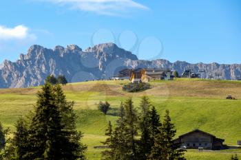 FIE ALLO SCILIAR, SOUTH TYROL/ITALY - AUGUST 8 : View of the countryside from Fie allo Sciliar, South Tyrol, Italy on August 8, 2020