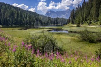 LAKE MISURINA, VENETO/ITALY - AUGUST 9 : View of Lake Misurina near Auronzo di Cadore, Veneto, Italy on August 9, 2020. Unidentified people