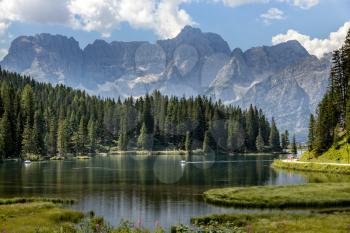 LAKE MISURINA, VENETO/ITALY - AUGUST 9 : View of Lake Misurina near Auronzo di Cadore, Veneto, Italy on August 9, 2020. Unidentified people