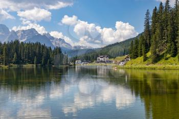 LAKE MISURINA, VENETO/ITALY - AUGUST 9 : View of Lake Misurina near Auronzo di Cadore, Veneto, Italy on August 9, 2020. Unidentified people