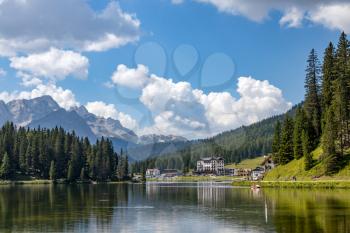 LAKE MISURINA, VENETO/ITALY - AUGUST 9 : View of Lake Misurina near Auronzo di Cadore, Veneto, Italy on August 9, 2020. Unidentified people