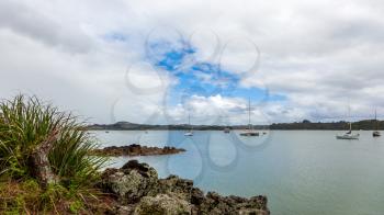 Boats moored at Kerikeri on a cloudy day
