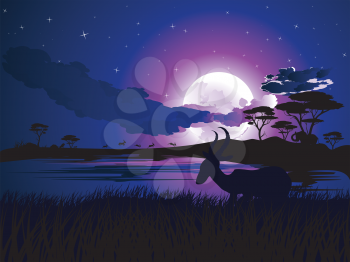 Colorful night scene, african landscape with silhouette of trees and antelopes.