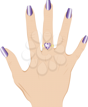 Golden ring with purple amethyst on a human hand with violet nails.