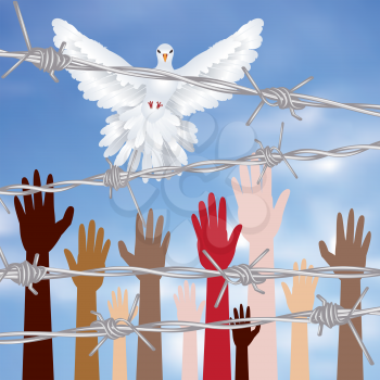 Diversity hand silhouettes behind barbed wire against blurry sky background.