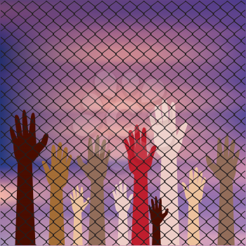 Diversity hand silhouettes behind metal wire fence against blurry sky background.