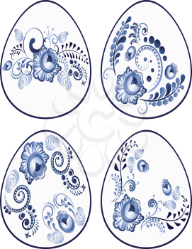 Ornamental Easter eggs icon set decorated in folk floral ornament of blue color.