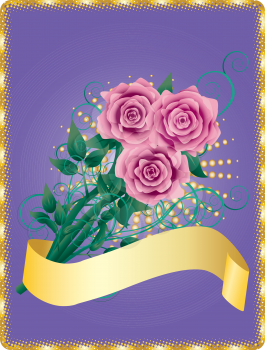 Pink roses with yellow ribbon, greeting card.
