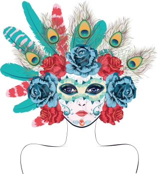 Carnival face mask decorated with roses and feathers.