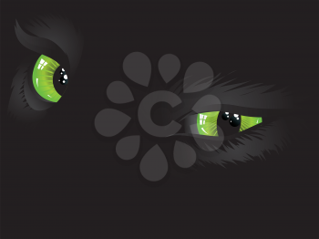 Cartoon cat eyes of green color on black background.