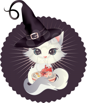 Cute cartoon white kitten in witch hat eat ramen with human heart.