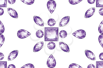 Precious violet gemstones, purple amethyst jewel stones on white background.