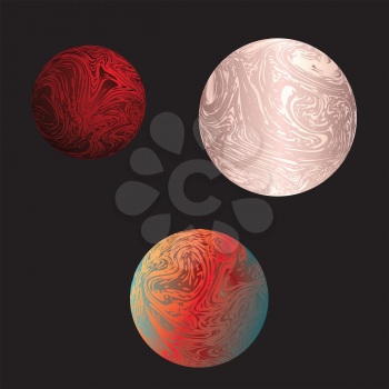 Decorative colorful striped marble planet design on black background.