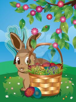 Cute Easter bunny with colorful basket of eggs on spring lawn.