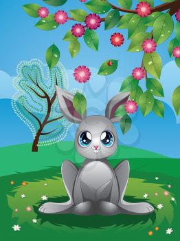 Cute cartoon white rabbit on spring lawn with flowers.