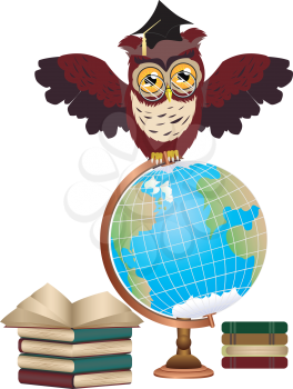 Cartoon wise owl with globe and stack of books.