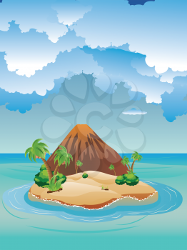 Illustration of cartoon volcano on a peaceful island.