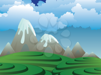 Illustration of cartoon volcano on a peaceful island.
