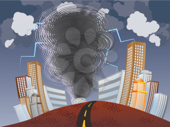 Illustration of big tornado with lightnings in the city background.