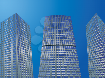 Three modern buildings over blue sky background.