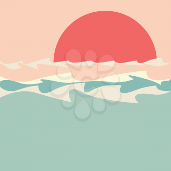 Silhouette of sun and sea waves, sunset retro style illustration.