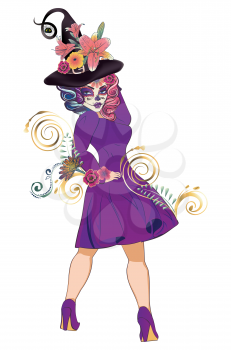 Fantasy witch woman with sugar skull makeup and flowers in vintage purple dress.