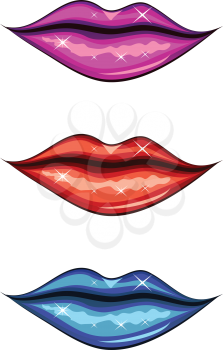 Illustration of woman lips of different colors on white background.