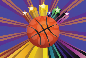 Colorful background with rays and basketball ball over it.