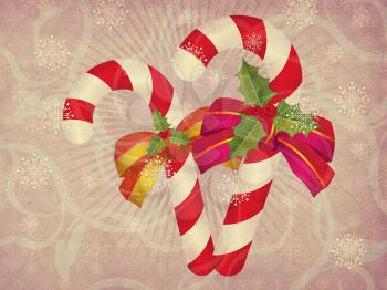 Illustration of two candy canes with bows on grunge background.