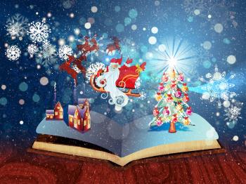 Opened magic book with decorated christmas tree, houses, snowflakes.