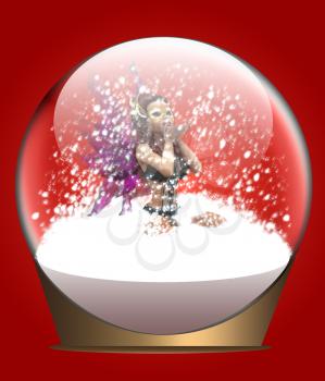 Illustration of fairy inside a snow globe blowing snow out of her hands.