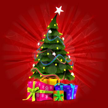Illustration of Christmas, New Year tree with gifts on red background.