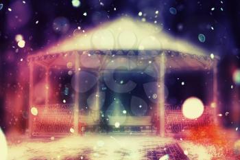 Decorative white alcove in winter night, starry fantasy illustration.