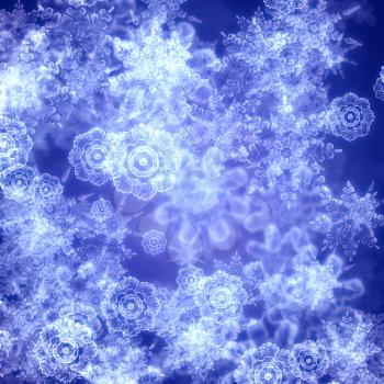 Winter illustration with decorative snowflakes on blue background.