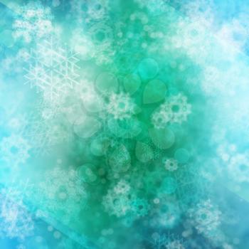 Winter illustration with decorative snowflakes on green background.