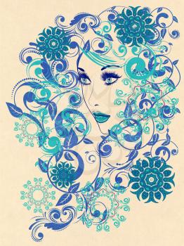 Decorative colorful snowflakes, floral ornament and female portrait, grunge background.