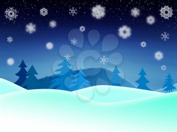 Illustration of night winter landscape with snowflakes background.
