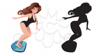 Cute cartoon surfing girl with black silhouette design.