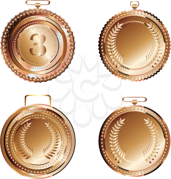 Set of round decorative bronze medals on white background.