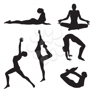 Black female silhouettes in yoga poses on white background.