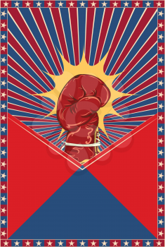 Retro background with boxing glove over red and blue rays and star frame.