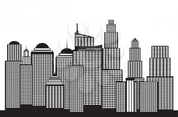 Modern city skyscrapers silhouettes in black and white illustration.